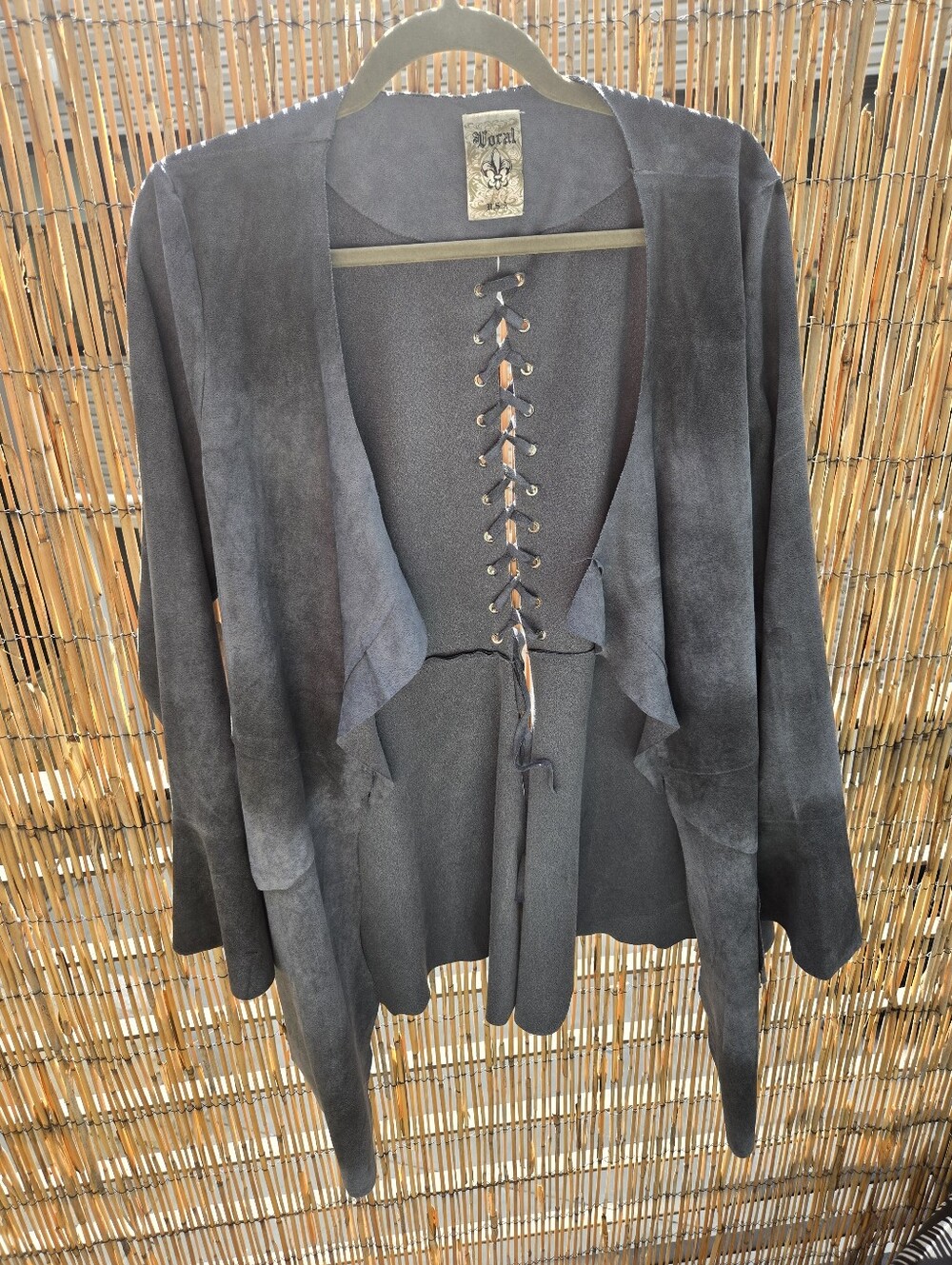 Vocal Grey Suede Lace-Up Back Vintage 90s Kimono Bell Sleve Cover Up Made In USA